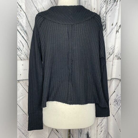 Free People Wildcat Cowl Neck Waffle Knit Thermal Pullover Sweater Black XS - Picture 6 of 7